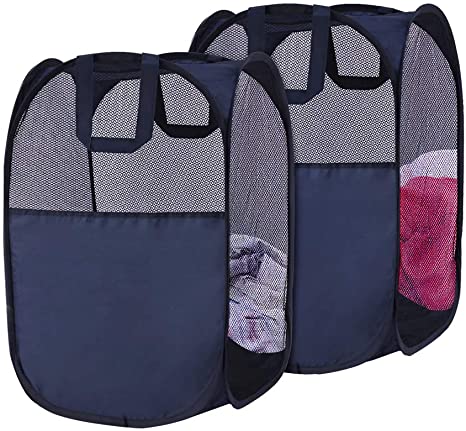 SUPINEFOX US Pop-Up Hamper, Foldable Pop-Up Mesh Hamper with Reinforced Carry Handles, Laundry Mesh Basket, Set of 2 (Blue)