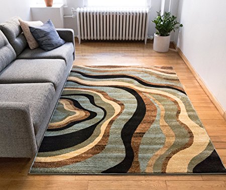 Hudson Waves Blue / Brown Geometric Modern Casual Area Rug 7x10 ( 6'7" x 9'6" ) Easy to Clean Stain / Fade Resistant Shed Free Abstract Contemporary Natural Lines Multi Soft Living Dining Room Rug