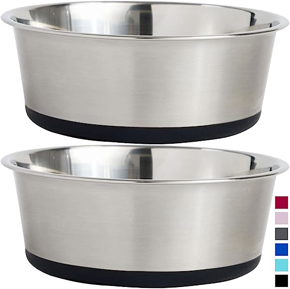 Gorilla Grip Stainless Steel Metal Dog Bowl Set of 2, 6 Cups, Rubber Base, Heavy Duty, Rust Resistant, Food Grade BPA Free, Less Sliding, Quiet Pet Bowls for Cats and Dogs, Dry and Wet Foods, Black