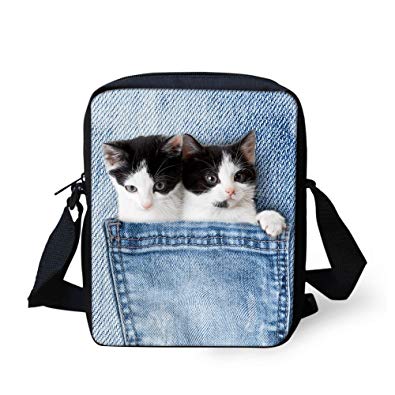 HUGS IDEA Cute Women Denim Cat Dog Printed Small Cross-body Bag Mini Shoulder Handbags