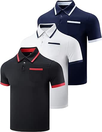 3-Pack Men's Performance Dry Fit Tech Golf Polo Shirts with Chest Pocket, Short Sleeve Active T Shirts