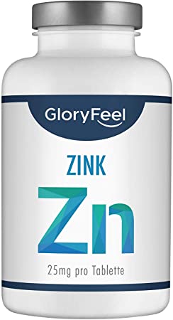 GloryFeel® Zinc 25mg 400 Tablets - High Dosage and Vegan - 25mg Basic Zinc from Pure Zinc Gluconate 1 Year Supply - Laboratory Tested Without unneeded additives Produced in Germany
