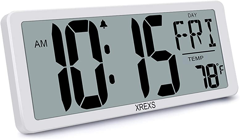 XREXS Large Wall Clock Digital, 13.46'' Large LCD Display Clear Dementia Clocks, Loud Alarm Digital Clocks for Bedroom Home Decor, Calendar Clock with Time/Calendar/Temperature (Batteries Included)