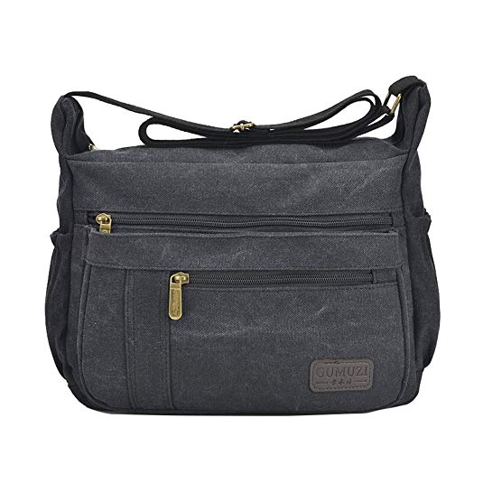 Fabuxry Light Weight Canvas Shoulder Bag for Women Messenger Handbags Cross Body Multi Zipper Pockets Bag