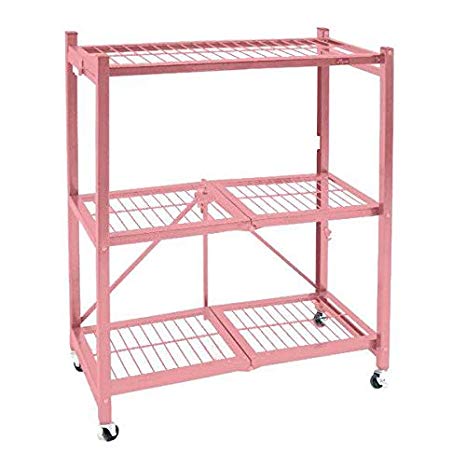 Origami 3 Shelf Foldable Storage Unit on 3" Caster Wheels, Unfolds in 5 Seconds, Holds up to 750 Pounds, Metal Organizer Wire Rack, 29" x 13" x 36", Heavy-Duty - Coral