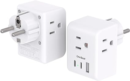 2 Pack Germany France Travel Plug Adapter with 3 Outlets 1 USB A 2 USB C, One Beat Type E/F International Power Adapter, Travel Essentials US to Europe France Germany South Korea Netherlands