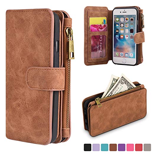 iPhone 6 Plus 6S Plus Wallet Case,kiwitatá Premium Genuine Leather Case Cover Zipper Wallet Card Multifunction for iPhone6 Plus 6S Plus Brown