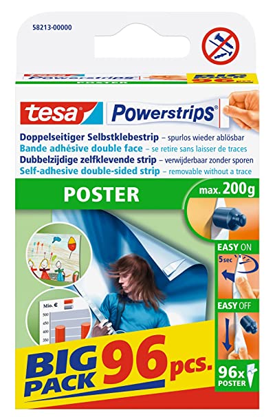 tesa UK Powerstrips POSTER - Double-Sided Adhesive Strip for Posters - Self-Adhesive Picture Hanging Strips - Tapered -Holds up to 200 g - Pack of 96, Clear, (58213-00000-03)