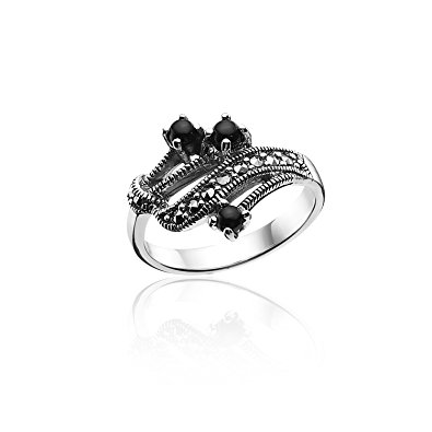 925 Oxidized Sterling Silver Swarovski Marcasite Black Onyx Tripe Wave Ring - Nickle Free