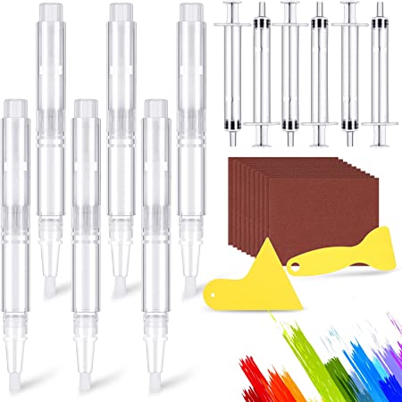 24 Pcs Touch up Paint Pen Empty Oil Pen Wall Repair Kit Fillable Transparent Paint Brush Pens for Interior Paint Touch Ups to Drywall, Cabinets and Furniture with Scraper and Sandpapers