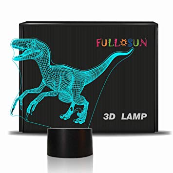 Dinosaur 3D Night Light Jurassic Velociraptor Projection LED Lamp Baby Nursery Nightlight for Kids' Room Home Décor Xmas Birthday Gifts with 7 Color Changing