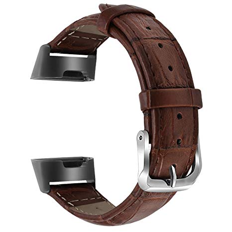 Issmolog Leather Bands Compatible for Fitbit Charge 3 and Charge 3 SE, Classic Genuine Leather Wristband with Rose Gold or Black Connectors for Fitbit Charge 3 Women Men Small Large