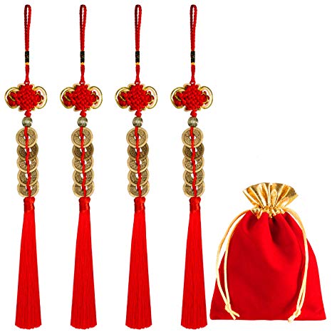 Boao 4 Pieces Chinese Knot Lucky Coins Feng Shui Coins I-Ching Fortune Coin for Good Luck and Healthy with Storage Bags