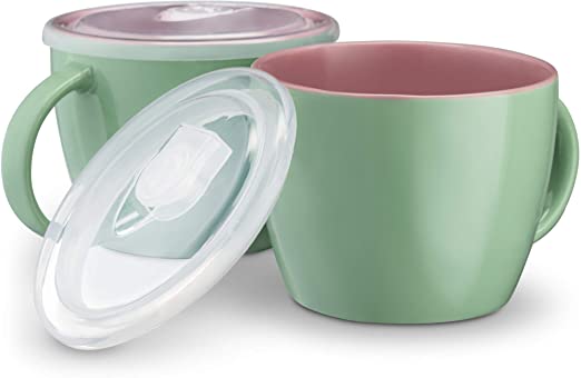 Soup Cups with Plastic Vented Lid, by KooK, Ceramic Make, Mint/Pink, Set of 2, 25oz