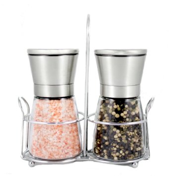Stainless Steel Salt & Pepper Grinder Set with Stand - Adjustable Ceramic Rotor | Glass Body | Stainless Steel Stand | Salt Mill and Pepper Mill | Kitchen Tool
