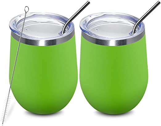2 Pack Wine Tumbler 12oz Insulated with Lid,Green Stainless Steel Wine Tumbler Cup, Double Wall Stemless Wine Glass for Coffee,Champagne, Cocktail