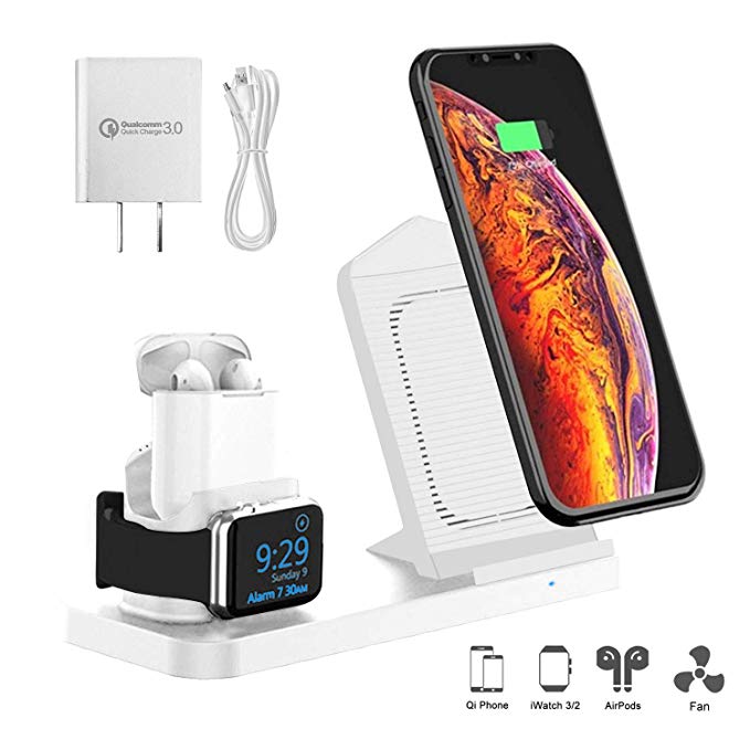 Wireless Charger Stand with Cooling Fan , 3 in 1 Charging Station Dock for AirPods, Wireless Charging for Apple iWatch 4/3/2 & iPhone Xs MAX/XR/XS, Fast Charging for Samsung Galaxy S10/S10 /S9, White