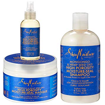 Shea Moisture Mongongo & Hemp Seed Oils Set | High Porosity Moisture-Seal Shampoo 13 Oz, High Porosity Moisture-Seal Masque 12 Oz & High Porosity Moisture-Seal Finishing Elixir 4 Oz