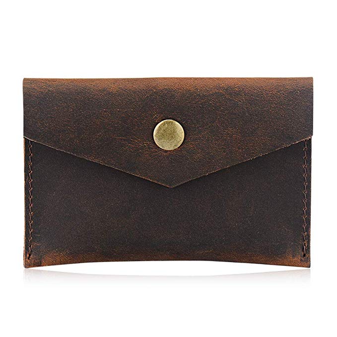 Bird&Fish Business Card Holder 100 Percent Genuine Leather,Handmade Vintage Front Pocket Minimalist Wallet for Men Women