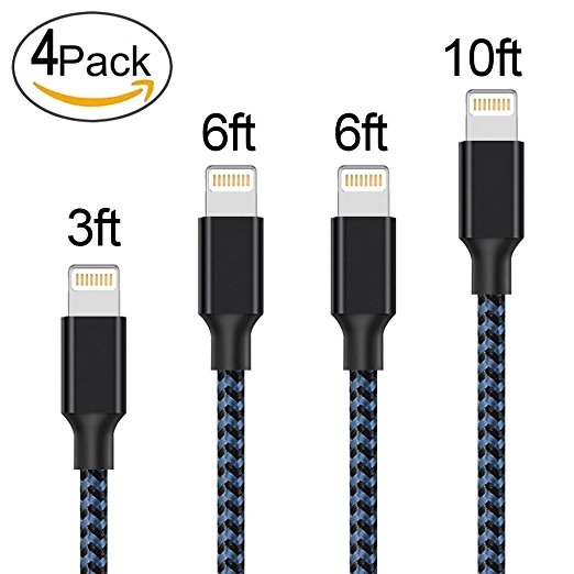 AOFU Lightning Cable,iPhone Cable iPhone Charger 4Pack 3FT 6FT 6FT 10FT Braided Cord to USB Charging for iPhone 7/7 Plus/6/6 Plus/6S/6S Plus,iPad,iPod Nano 7 (BlackBlue)