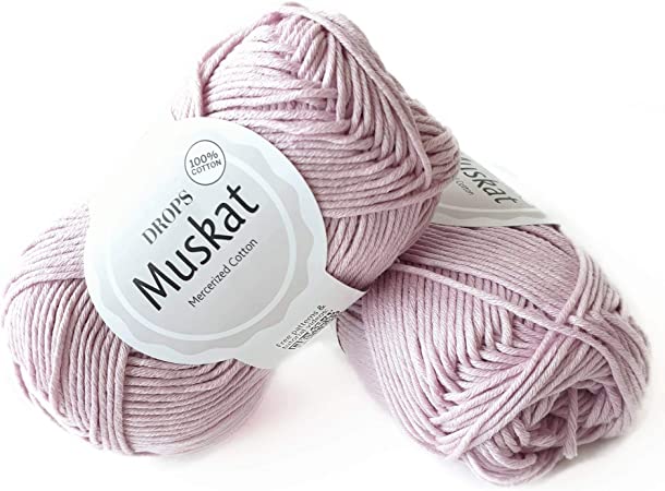 100% Cotton Yarn for Knitting and Crocheting, 3 or Light, DK, Worsted Weight, Drops Muskat, 1.8 oz 109 Yards per Ball (05 Powder Pink)