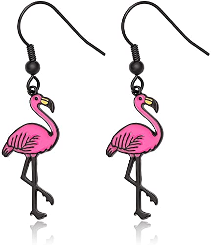 SENFAI Pink Enamel Flamingo Bird Dangle Earrings Black Tone (Gold)