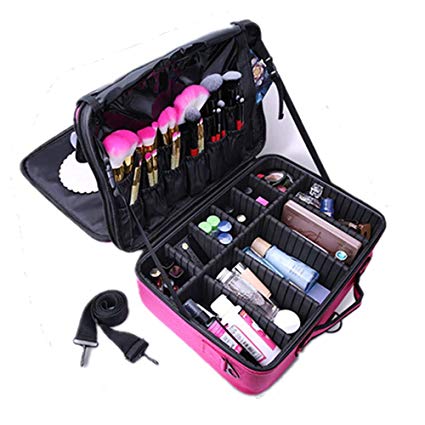 Travel Makeup Bag Train Case Cosmetic Storage Portable Make Up Organizer for Cosmetics, Brushes, Toiletries, Jewelry and Digital accessories(Pink, 16.14in 11.4in 8.26in)