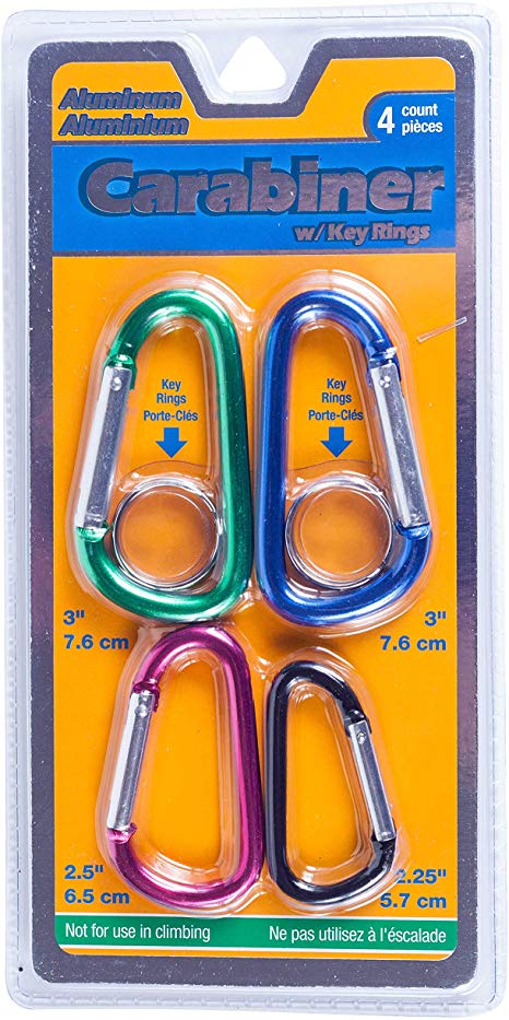 Jacent Aluminum Spring Loaded Carabiner Key Ring, Assorted Sizes Colors - 4 Per Pack