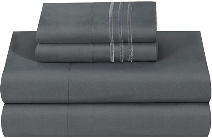 CozyLux Twin Bed Sheets Set 1800 Series 3-Piece Embroidered Double Brushed Microfiber Sheets 16" Deep Pocket Hotel Soft Luxury Bedding Sheet Set, Wrinkle Resistant, Dark Grey/Gray