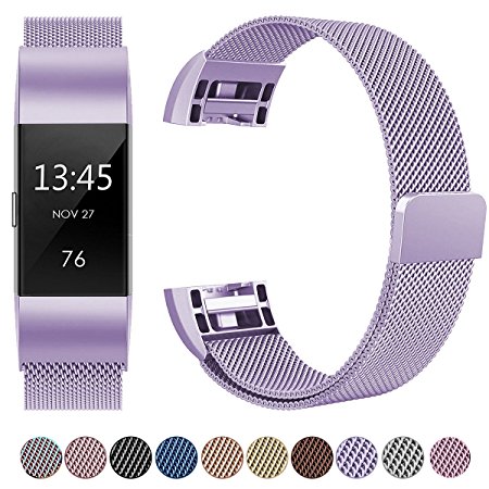 For Fitbit Charge 2 Strap Bands, HUMENN Luxury Milanese Stainless Steel Adjustable Strap with Magnetic Closure for Fitbit Charge2 Rose Gold Silver Colourful Diamond S & L