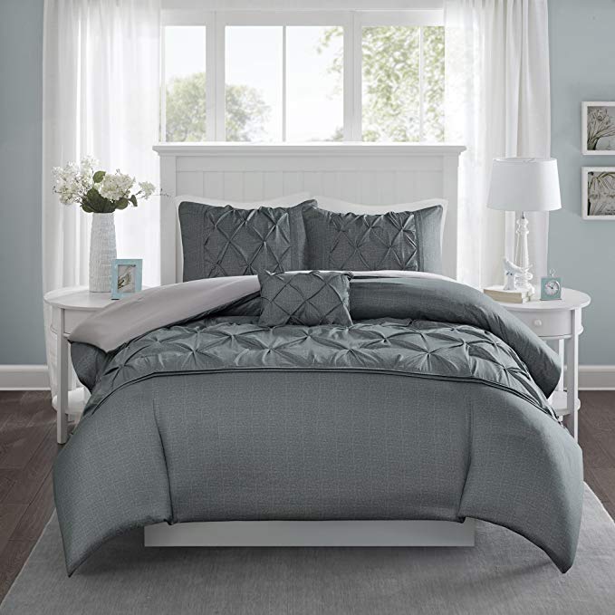 Comfort Spaces Cavoy 3 Piece Queen Duvet Cover Zipper Closure and Corner Ties Pinch Pleated Tufted Ultra Soft Microfiber Luxury Bedding-Set, Full, Gray