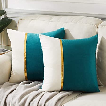 Fancy Homi 2 Packs Decorative Throw Pillow Covers 18x18 Inch for Living Room Couch Bed, Teal Green and White Velvet Patchwork with Gold Leather, Luxury Modern Home Decor, Accent Cushion Case 45x45 cm