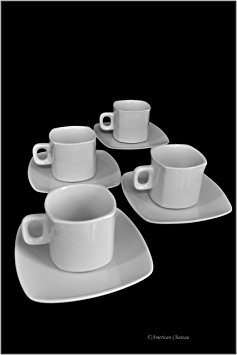 Set 4 Italian Cafe White Porcelain 8oz Square Coffee Cappuccino Cups & Saucers