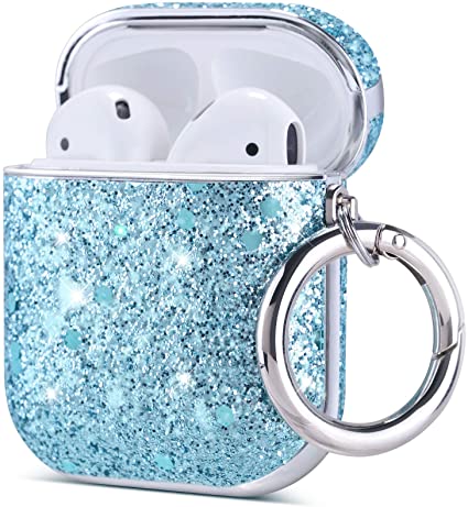 ULAK AirPods Case, Luxury Glitter Leather with Mirror Surface Plating Hard Cover,Shockproof Protective AirPod Accessories with Keychain for Apple AirPod Charging Case 2 & 1(LED Visible)(Light Blue)