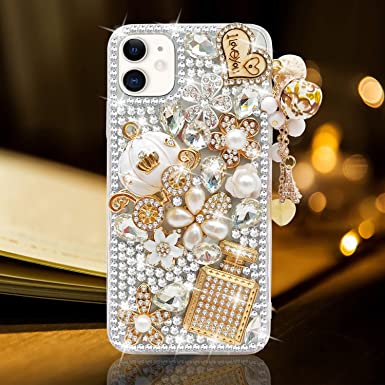 Guppy for iPhone 11 Case Women Luxury 3D Bling Shiny Rhinestone Diamond Crystal Pearl Handmade Pendant Iron Tower Pumpkin Car Flowers Soft Protective Anti-Fall Case for iPhone 11