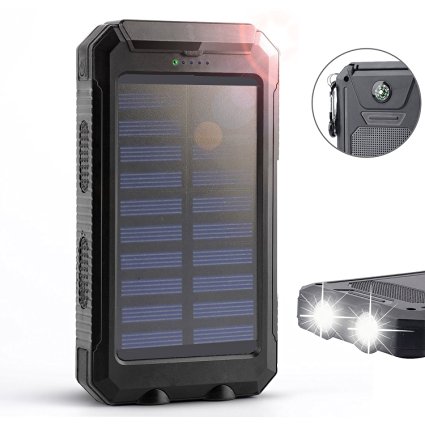 Solar Charger, Outtek Solar Power Bank 10000mAh External Backup Battery Pack Dual USB Solar Panel Charger with 2LED Light Carabiner Compass Portable for Emergency Outdoor Camping Travel (Black)