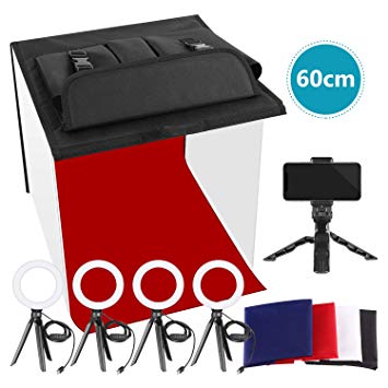 Neewer Photo Studio Box, 24x24inches Table Top Photo Light Box Continuous Lighting Kit with 5 Tripod Stands 4 LED Ring Lights, 4 Color Backdrops and a Phone Holder for Product Jewelry Food Photography