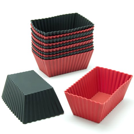 Freshware CB-308RB 12-Pack Silicone Mini Rectangle Reusable Cupcake and Muffin Baking Cup, Black and Red Colors