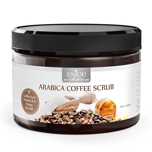 Anjou 15oz Body Scrub Arabica Coffee Scrub with Honey, Sea Salt, VB & VE (Natural Exfoliator & Cellulite Treatment, Skin Moisturizer & Tan Remover, Great for Varicose Veins treatment)