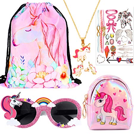 7 PCs Unicorn Party Favors Girl Gift Drawstring Bag Glasses Necklace Earrings Coin Purse Tattoo Sticker Unicorn Party Gifts for Kids Girls