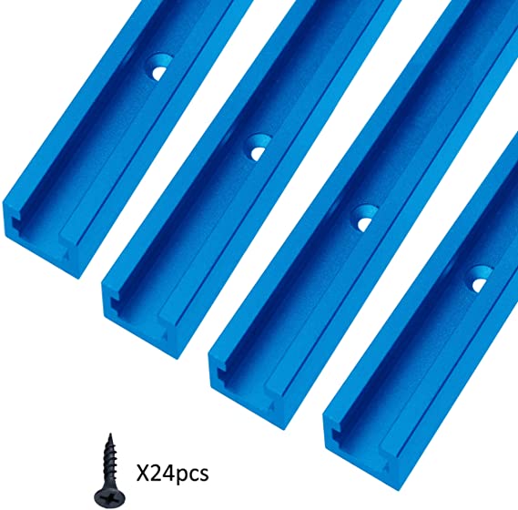 T-track 24 inch with Wood Screws–Double Cut Profile Universal with Predrilled Mounting Holes -Woodworking and Clamps -High Strength Aluminum Alloy 6063 –Frosted Surface Anodized - 4 PK (Blue)