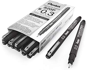 Pentel Arts Pointliner Drawing Pen, 0.3mm, Black Ink, Box of 12 Pens (S20P-3A)