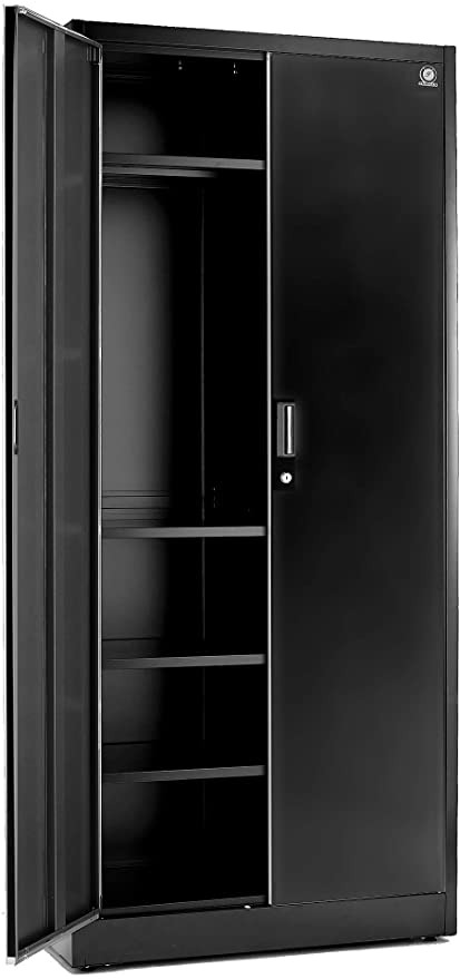 Metal Storage Cabinet 71" Tall, Lockable Doors and Adjustable Shelves, 70.86" Tall x 31.5" W x 15.75" D, Great Steel Locker for Garage, Kitchen Pantry, Office and Laundry Room (Black Doors)