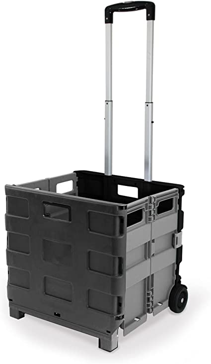 Inspired Living Ultra-Slim Rolling Collapsible Storage Pack-N-Roll Utility-carts, with Telescopic Handle, for Home, Garden, Shopping, Office, School use, Large, Grey/Black