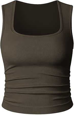 Women Ribbed Tank Top Pleated Square Neck Sleeveless Basic Fitted Crop Tops Y2K Henley Vest