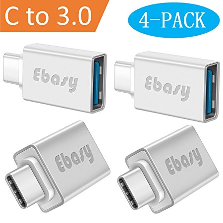 USB Type C Adapter, Ebasy USB C to USB A 3.0 OTG Adapter / C Type USB Converter for Macbook Pro, Galaxy S8 S8 , Google Pixel, Nexus 6P 5X, LG G5 G6, HTC 10, HUAWEI P9 and More(4-Pack, Silver)