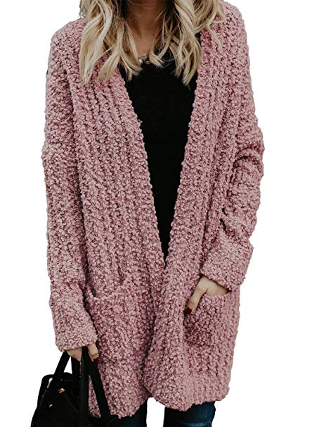 Asvivid Womens Comfy Open Front Long Sweater Cardigans Soft Oversized Popcorn Knitted Pullover Tops Outwear with Pocket
