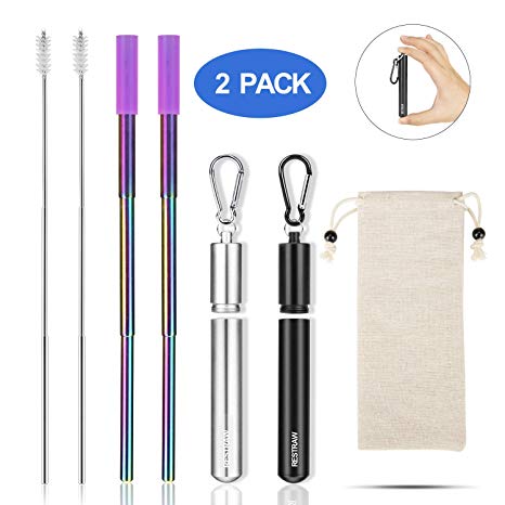 RESTRAW 2 Pack Collapsible Straw Reusable Collapsible Straw keychain metal straw with case,Rainbow Stainless Steel Straws,save the turtles straw foldable straw portable straw,BPA Free FDA Approved