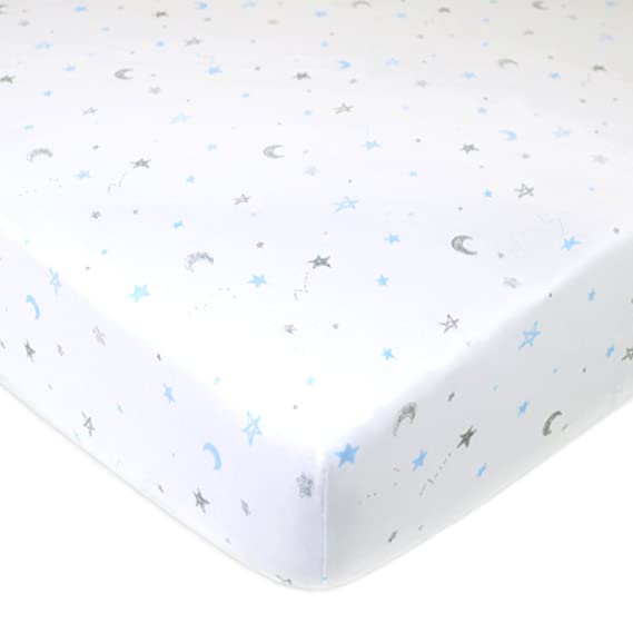 TL Care Printed 100% Cotton Jersey Knit Fitted Crib Sheet for Standard Crib and Toddler Mattresses, Blue Stars and Moons, for Boys and Girls