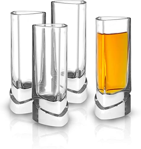 JoyJolt Aqua Vitae Shot Glass Set of 4. Crystal Shot Glasses, Triangle Clear Shot Glasses Set with Off Set Base. 1 – 2 oz Cups for Tequila, Limoncello, Vodka or Aperitif. Fun Christmas Gifts